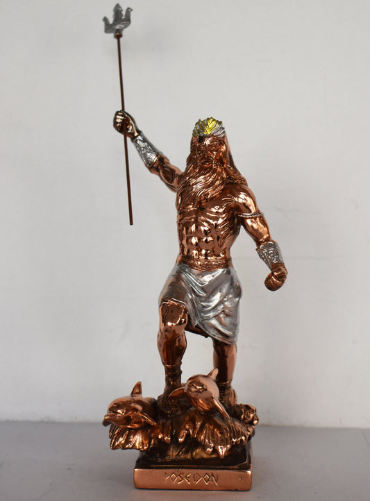 Poseidon Neptune - Greek Roman God of the Sea, Storms, Earthquakes and Horses - sea-horse - Copper Plated Alabaster