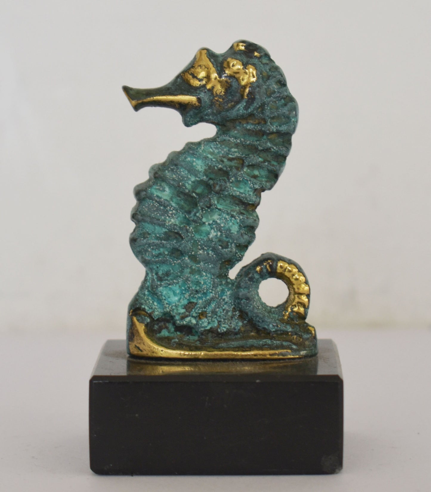 Hippocampus Seahorse miniature on Marble Base - Symbol of God Poseidon Neptune - Power, Water, Helpfulness, Bravery - pure Bronze Sculpture