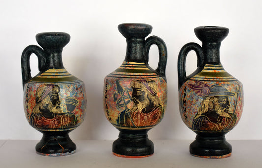 Set of 3 Lekythos - Hermes Mercury, Poseidon Neptune and Dionysus Bacchus - Floral Motif - Athens - 450 BC - Miniatures - Ceramic Vases