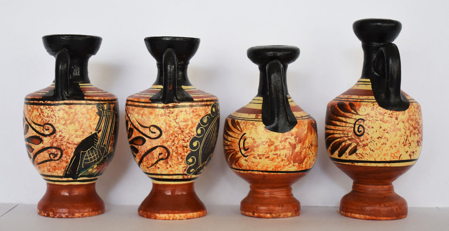 Set of 4 Lekythos - Apollo, Aphrodite Venus, Hermes Mercury and Athena Minerva - Floral Motif - Athens - 450 BC - Miniatures - Ceramic Vases