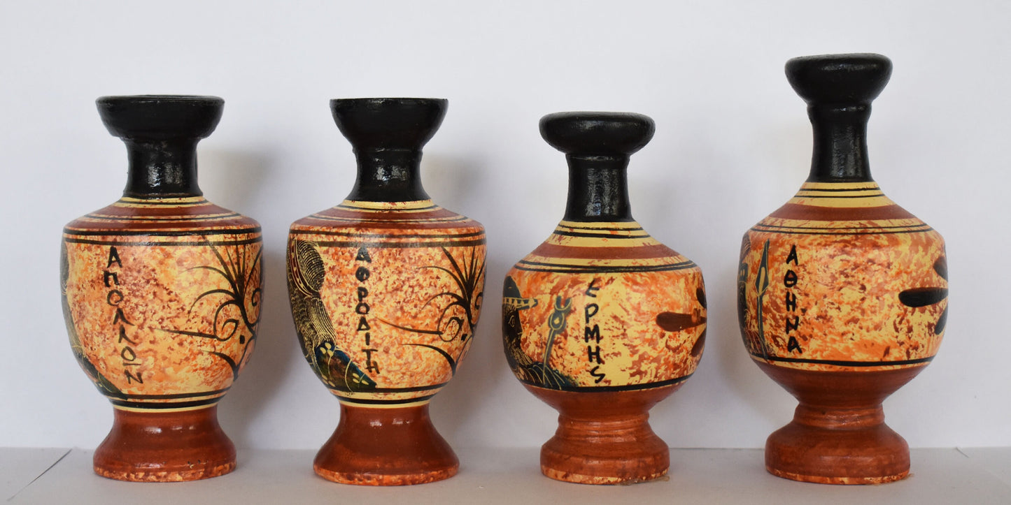 Set of 4 Lekythos - Apollo, Aphrodite Venus, Hermes Mercury and Athena Minerva - Floral Motif - Athens - 450 BC - Miniatures - Ceramic Vases