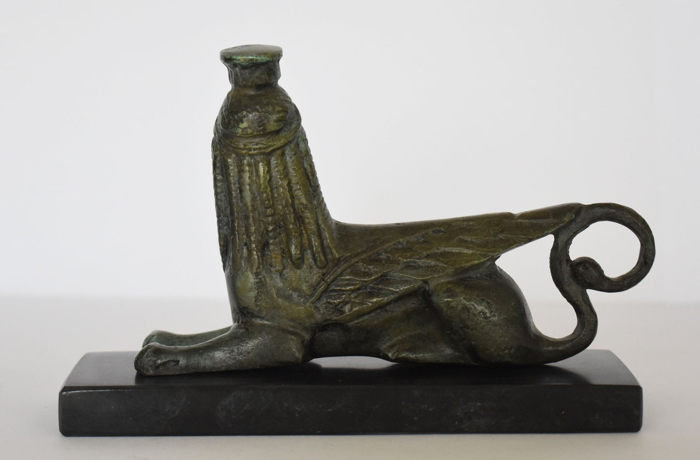 Greek Reclining Sphinx Figurine - 600 BC - Olympia Museum - Marble Base - Composition of Mortal-Immortal - Oedipus Riddle - pure Bronze