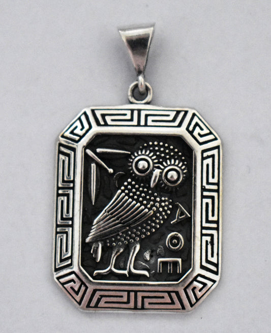 Owl Of Wisdom and Knowledge - Meander Motif -  Symbol of Goddess Athena Minerva - Ancient Greece - Pendant - 925 Sterling Silver