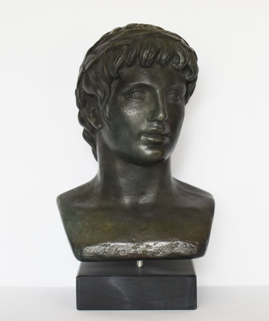 Apollo - Greek God of Music,Poetry, Art, Prophecy, Truth, Archery, Healing, Sun and Light - Marble Base - Head Bust- Bronze Colour Effect