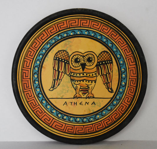 Small Ceramic plate - Owl of Wisdom, Symbol of Goddess Athena - Meander Design - Athens, Attica - Geometric Period - 700 BC - Handmade