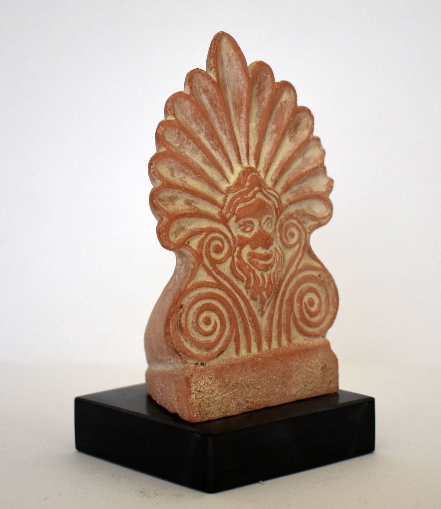 Akrokeramo - Antefix, Distal Tile - Floral Design and Satyr Head - Marble Base - Ceramic
