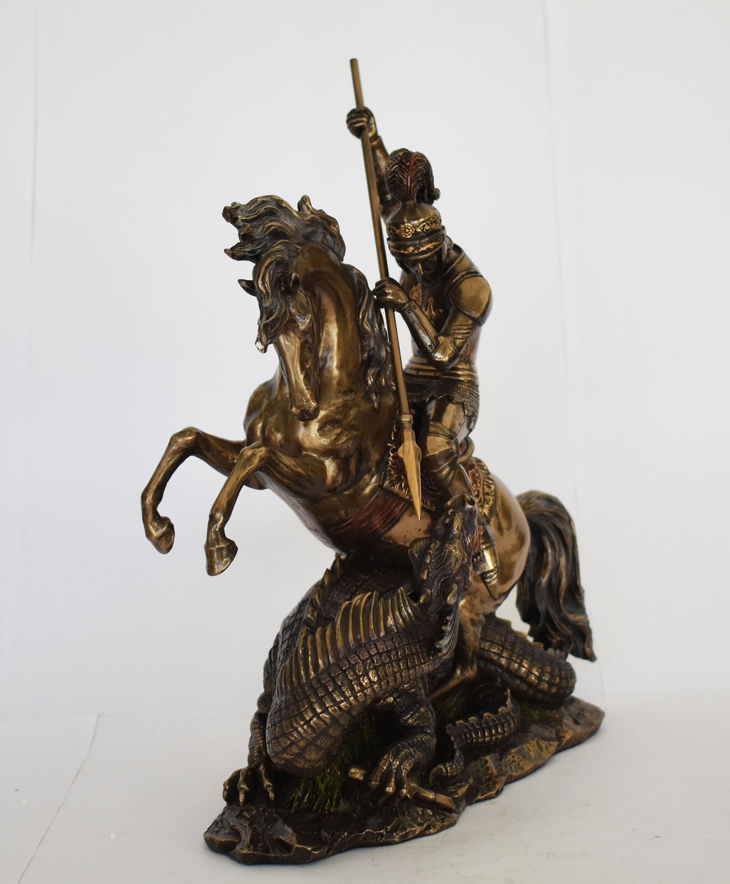 Saint George kills a Dragon with his Lance - Legend - Rescues the Princess as the next Offering - Cold Cast Bronze Resin