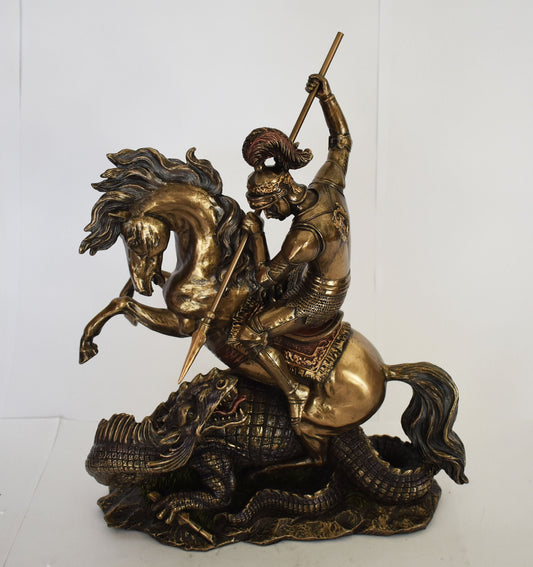 Saint George kills a Dragon with his Lance - Legend - Rescues the Princess as the next Offering - Cold Cast Bronze Resin