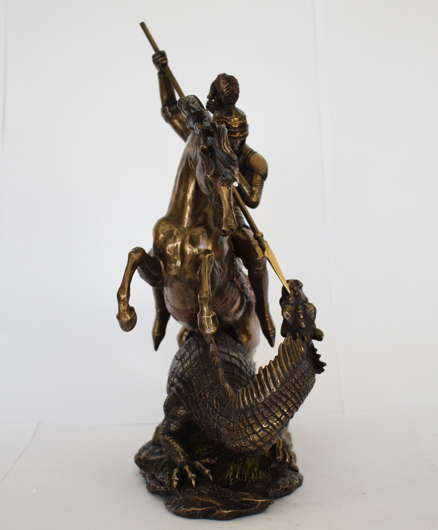 Saint George kills a Dragon with his Lance - Legend - Rescues the Princess as the next Offering - Cold Cast Bronze Resin