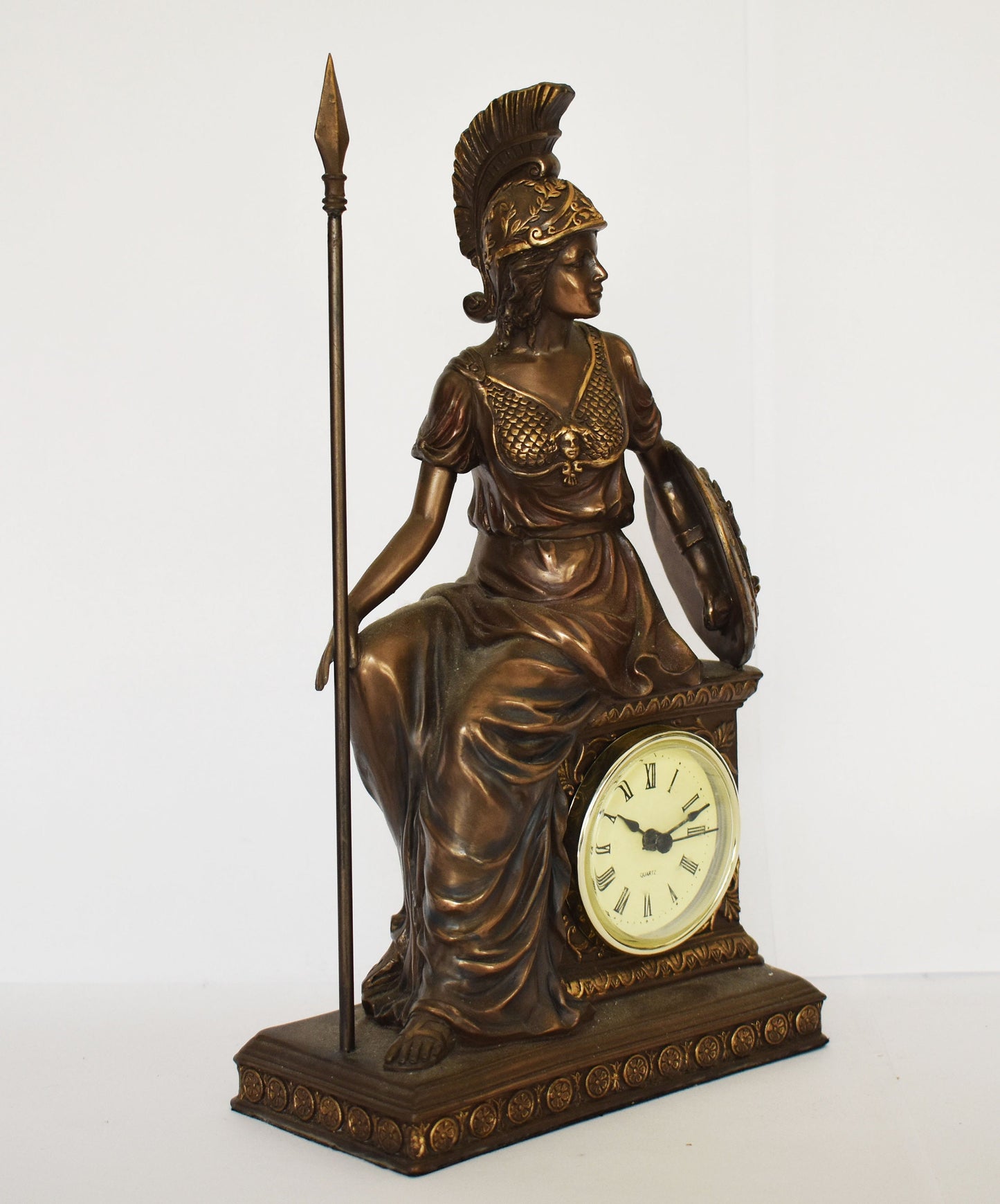 Athena Minerva with Clock - Greek Roman goddes of Wisdom, Strength, Strategy, Inspiration, Arts, Crafts, and Skill - Cold Cast Bronze Resin