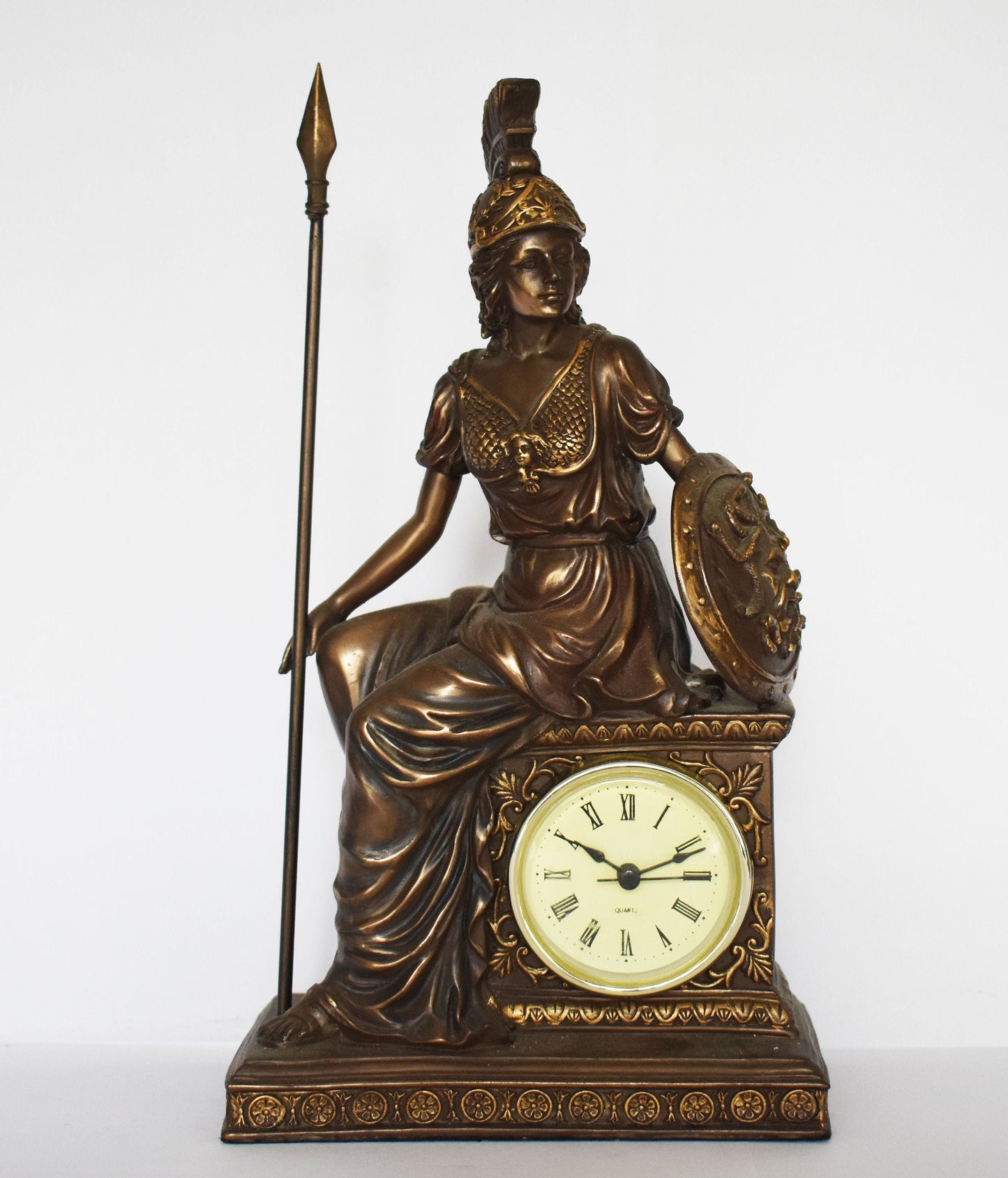 Athena Minerva with Clock - Greek Roman goddes of Wisdom, Strength, Strategy, Inspiration, Arts, Crafts, and Skill - Cold Cast Bronze Resin