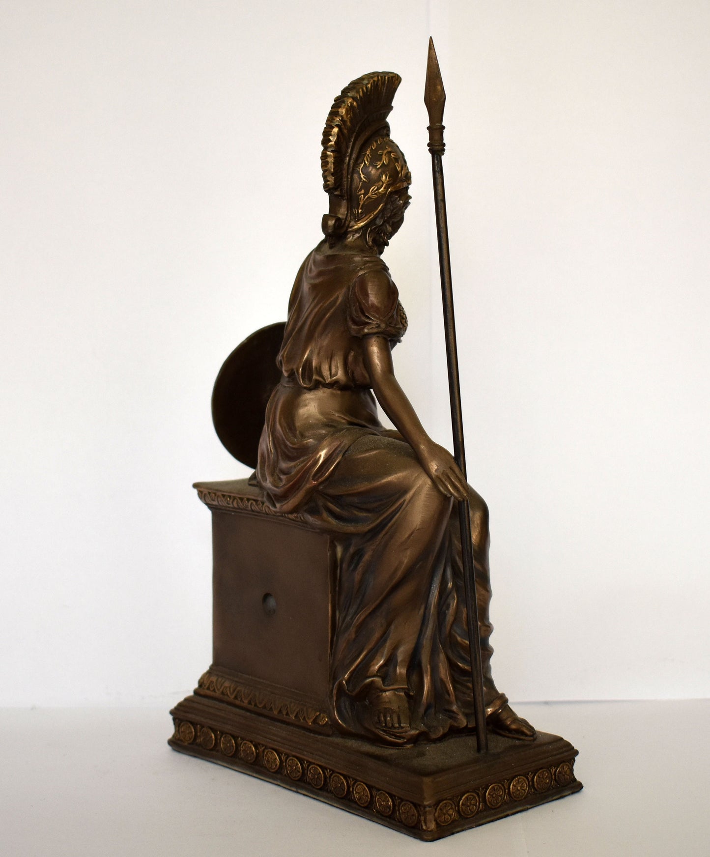 Athena Minerva with Clock - Greek Roman goddes of Wisdom, Strength, Strategy, Inspiration, Arts, Crafts, and Skill - Cold Cast Bronze Resin