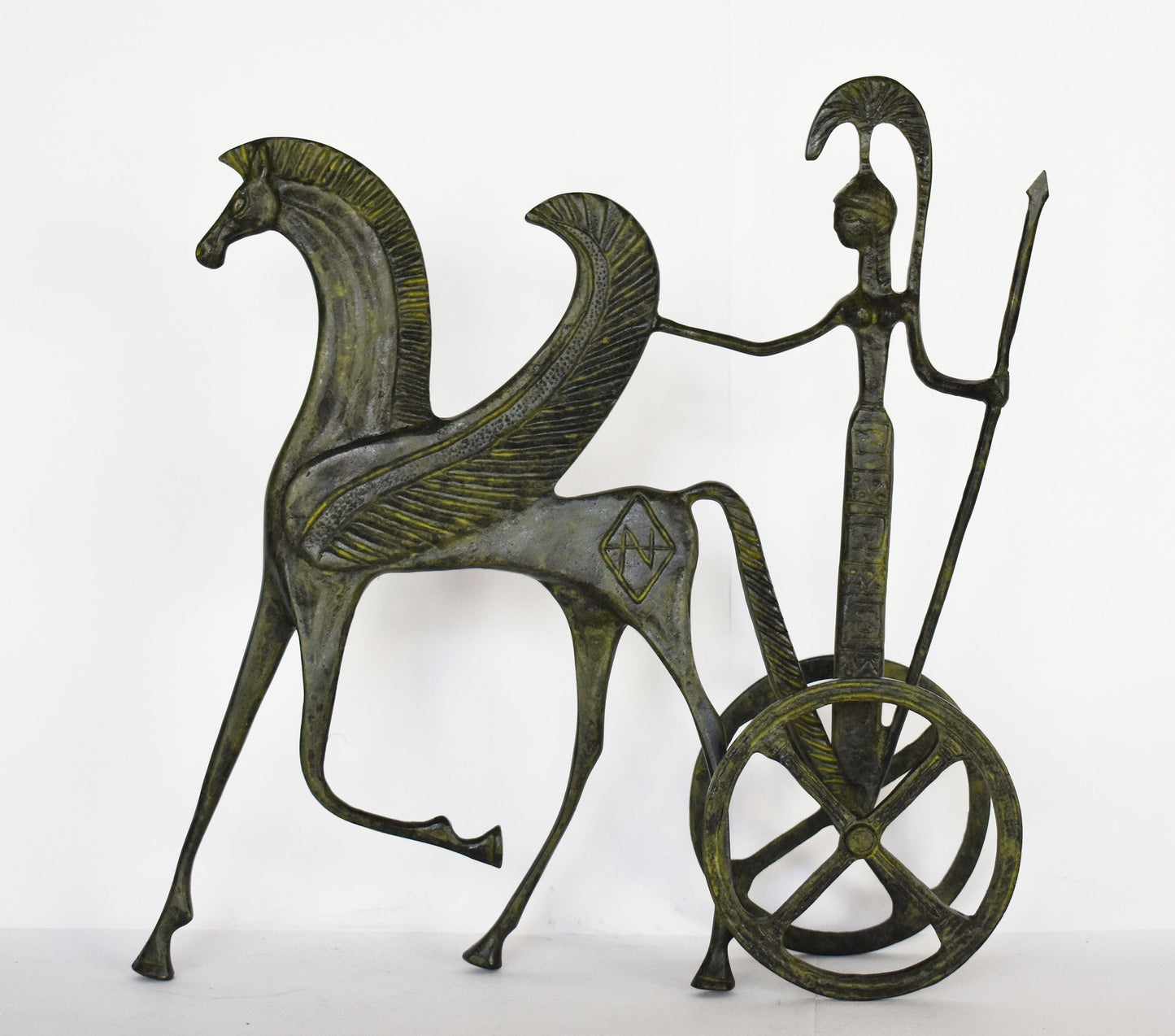 Ancient  Greek Chariot - Goddess Athena with Spear and Pegasus, the Flying Horse - pure Bronze Sculpture