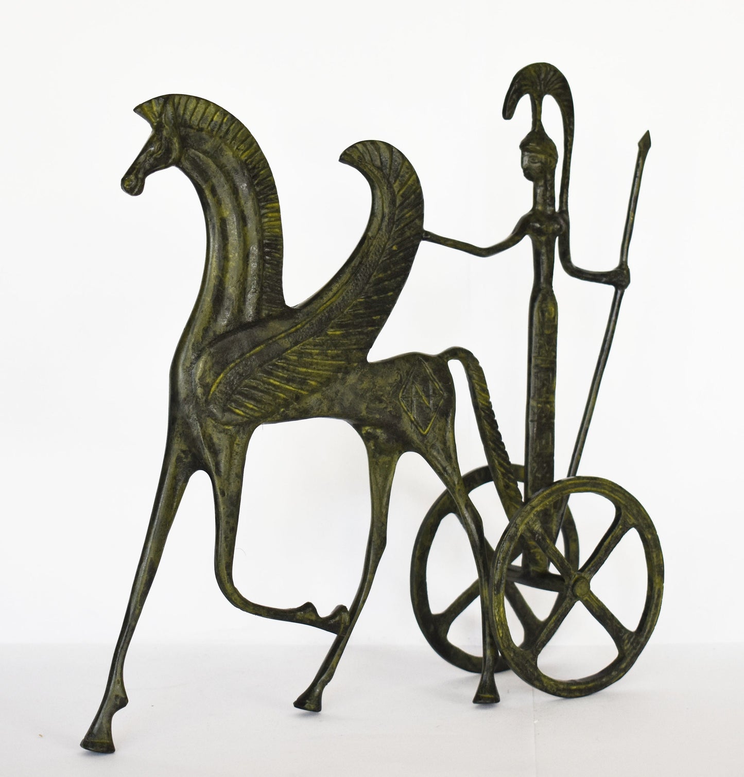 Ancient  Greek Chariot - Goddess Athena with Spear and Pegasus, the Flying Horse - pure Bronze Sculpture