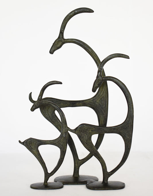 Complex with 3 Graceful Ibex - pure Bronze Sculpture - Symbols of Energy, Long Life, Fertility