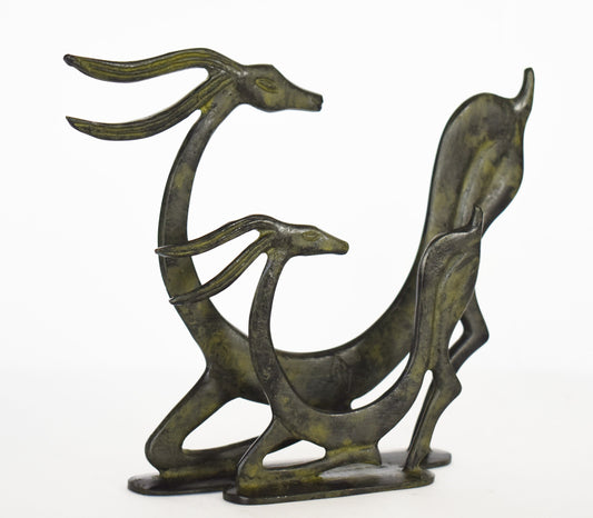 Complex with 2 Graceful Ibex - pure Bronze Sculpture - Symbols of Energy, Long Life, Fertility