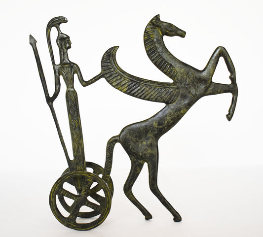 Ancient  Greek Chariot - Goddess Athena Minerva with Spear - Pegasus, the Flying Horse - Small - pure Bronze Sculpture