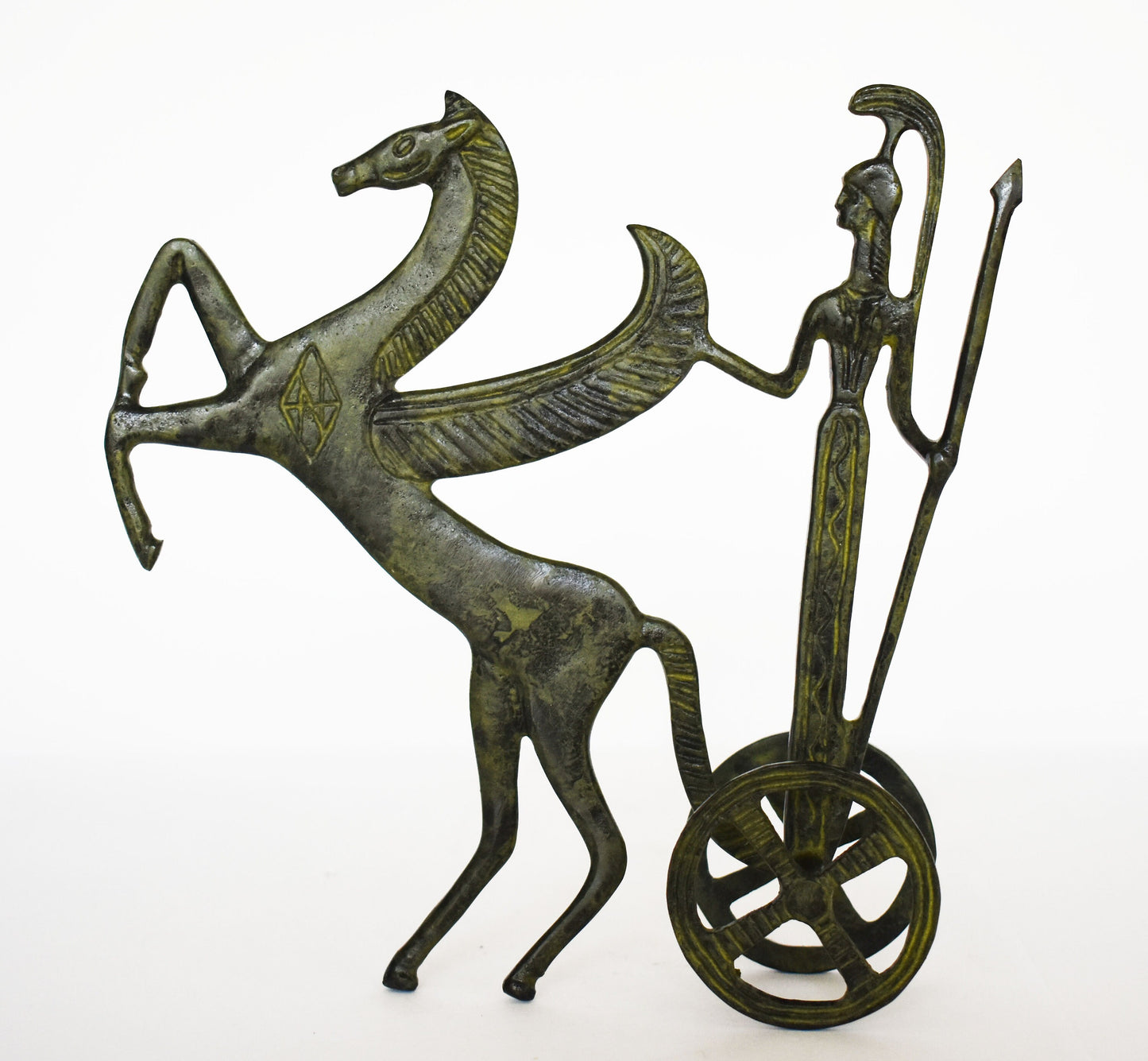 Ancient  Greek Chariot - Goddess Athena Minerva with Spear - Pegasus, the Flying Horse - Small - pure Bronze Sculpture