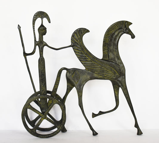 Ancient  Greek Chariot - Goddess Athena with Spear and Pegasus, the Flying Horse - pure Bronze Sculpture