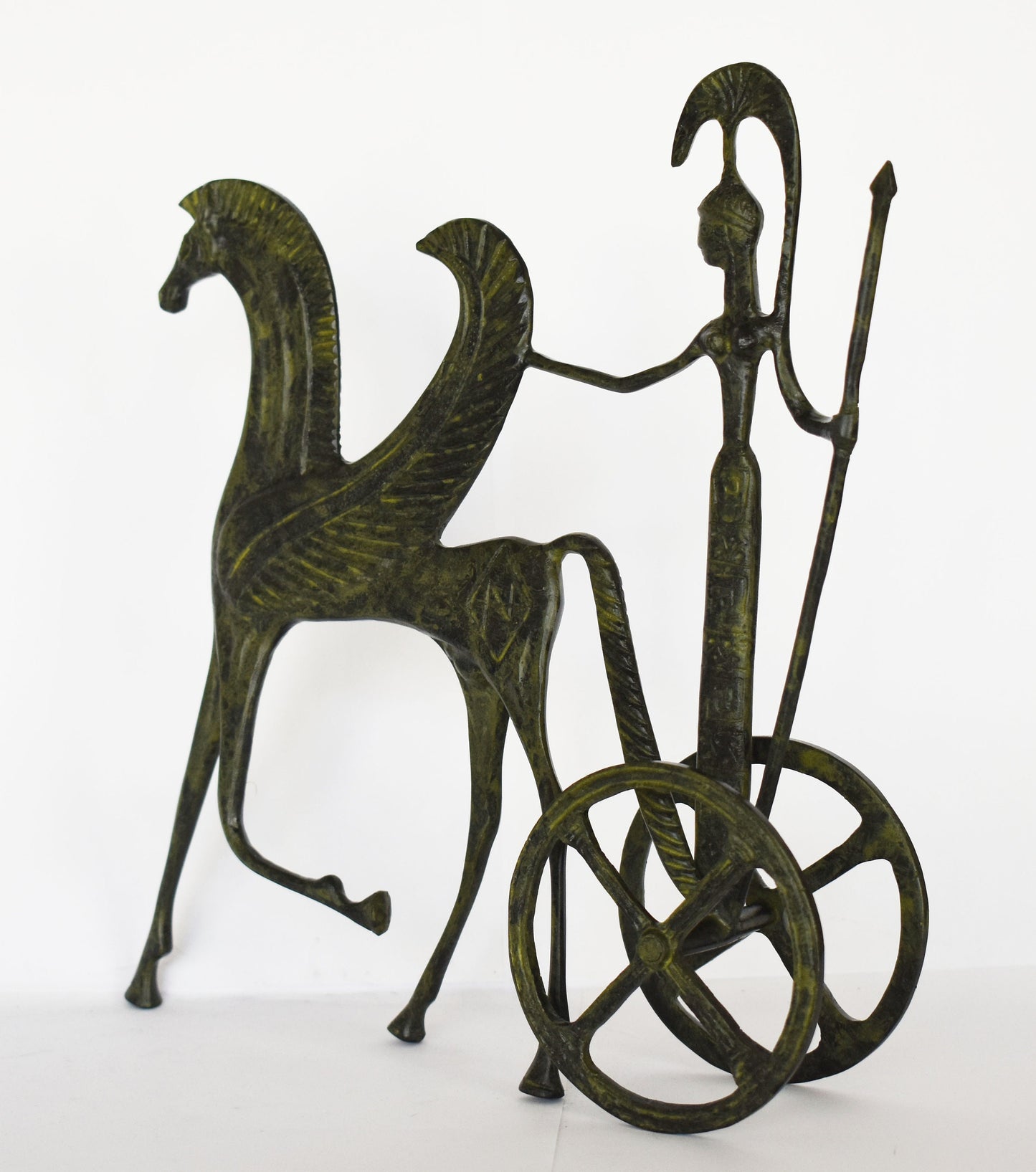 Ancient  Greek Chariot - Goddess Athena with Spear and Pegasus, the Flying Horse - pure Bronze Sculpture