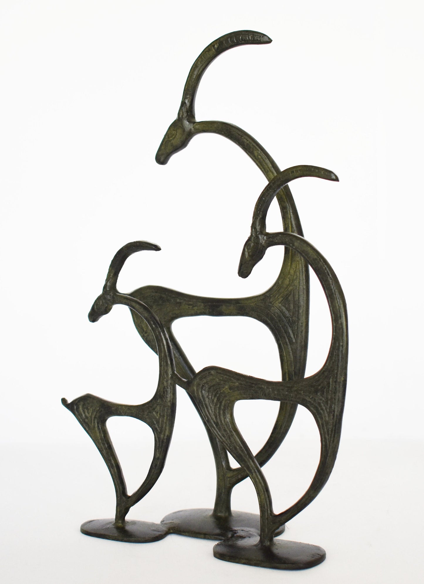Complex with 3 Graceful Ibex - pure Bronze Sculpture - Symbols of Energy, Long Life, Fertility