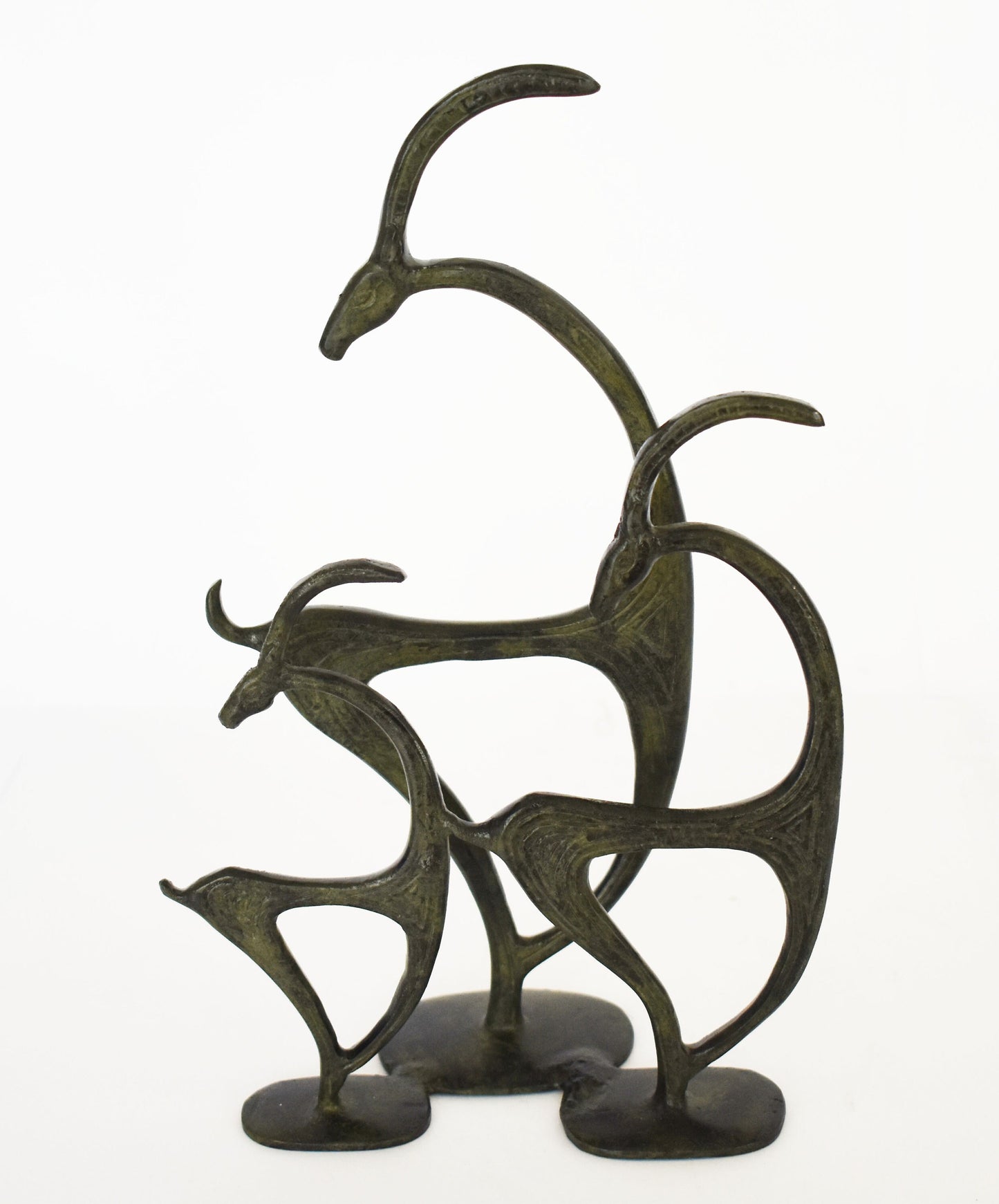 Complex with 3 Graceful Ibex - pure Bronze Sculpture - Symbols of Energy, Long Life, Fertility