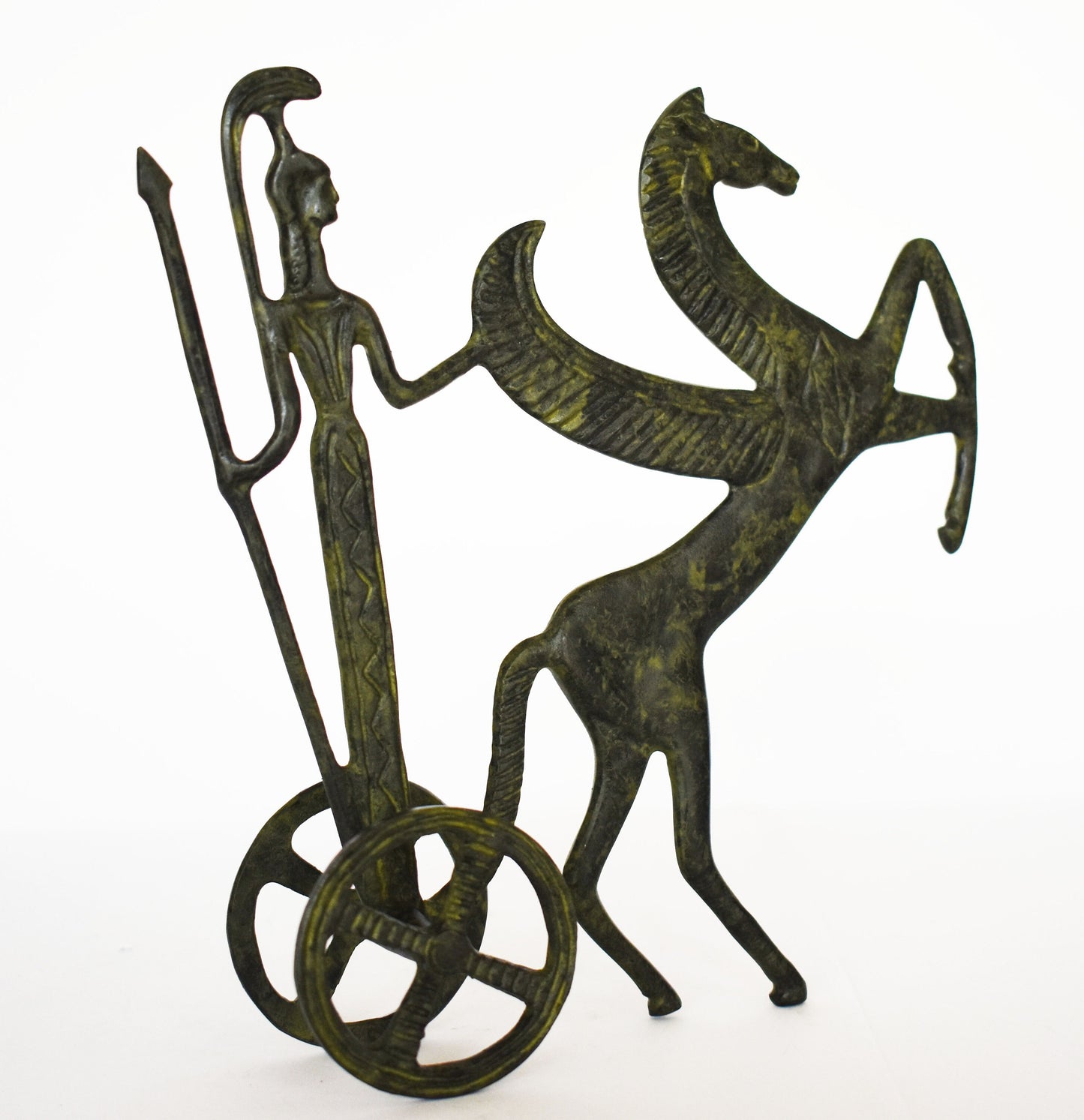 Ancient  Greek Chariot - Goddess Athena Minerva with Spear - Pegasus, the Flying Horse - Small - pure Bronze Sculpture