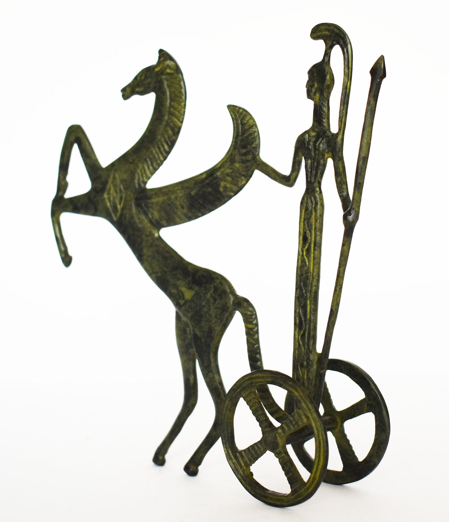 Ancient  Greek Chariot - Goddess Athena Minerva with Spear - Pegasus, the Flying Horse - Small - pure Bronze Sculpture