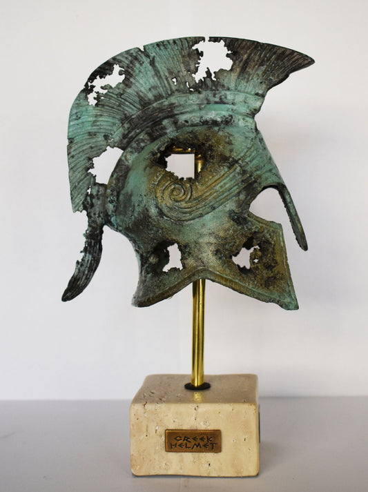 Ancient Greek Spartan Corinthian Helmet - Granite Base - Battle-Scarred - Museum Reproduction - pure bronze  statue