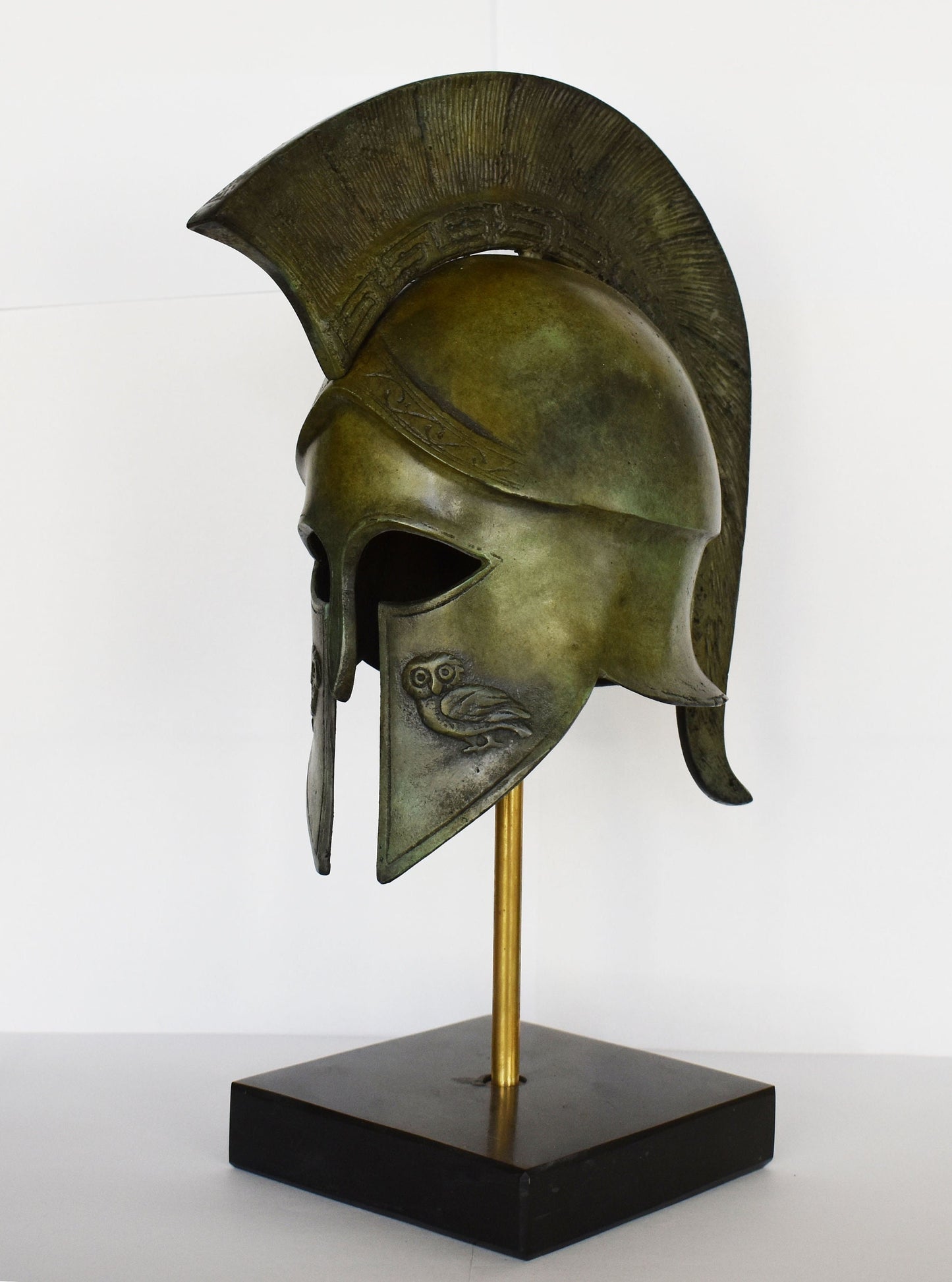 Ancient Greek Spartan Corinthian Helmet - Owl Motif - Marble Base  - Museum Reproduction - pure bronze  statue