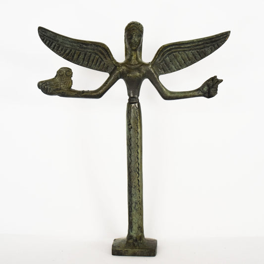 Nike Victoria with Owl, Symbol of Wisdom - Greek Roman Winged Goddess of Victory - pure Bronze Sculpture