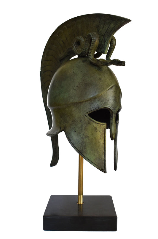 Ancient Greek Spartan Corinthian Helmet - Snakes Motif - Marble Base  - Museum Reproduction - pure bronze  statue