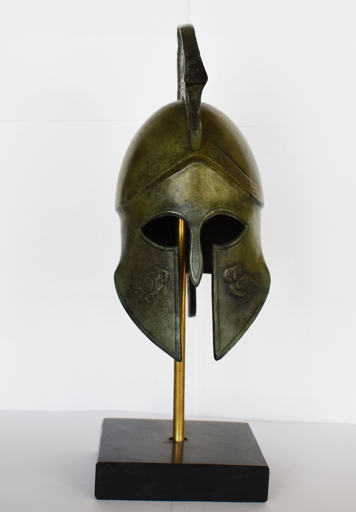 Ancient Greek Spartan Corinthian Helmet - Owl Motif - Marble Base  - Museum Reproduction - pure bronze  statue