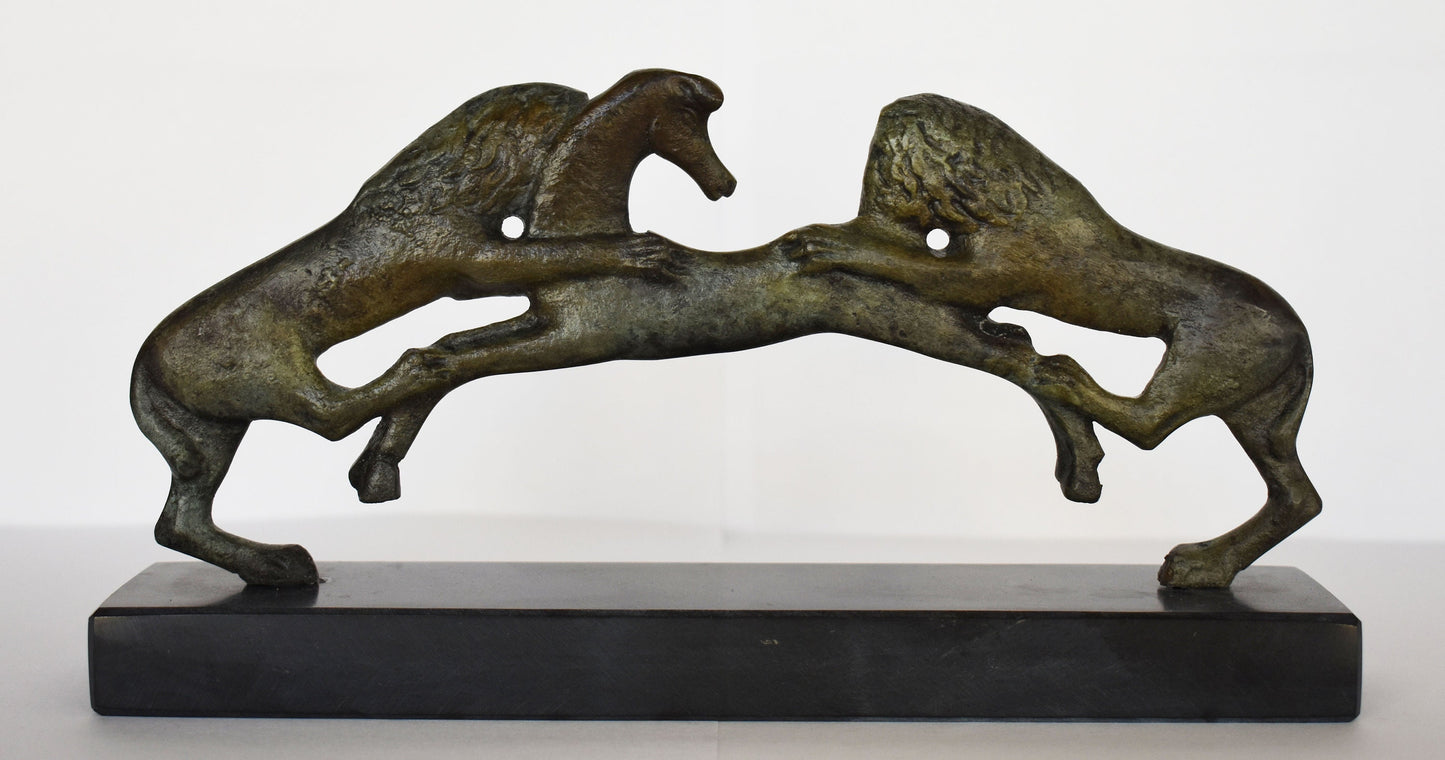 Two Lions tearing apart a Stag - Basin handle - Marble Base - 480 BC - Reproduction - Olympia Museum - pure Bronze Sculpture