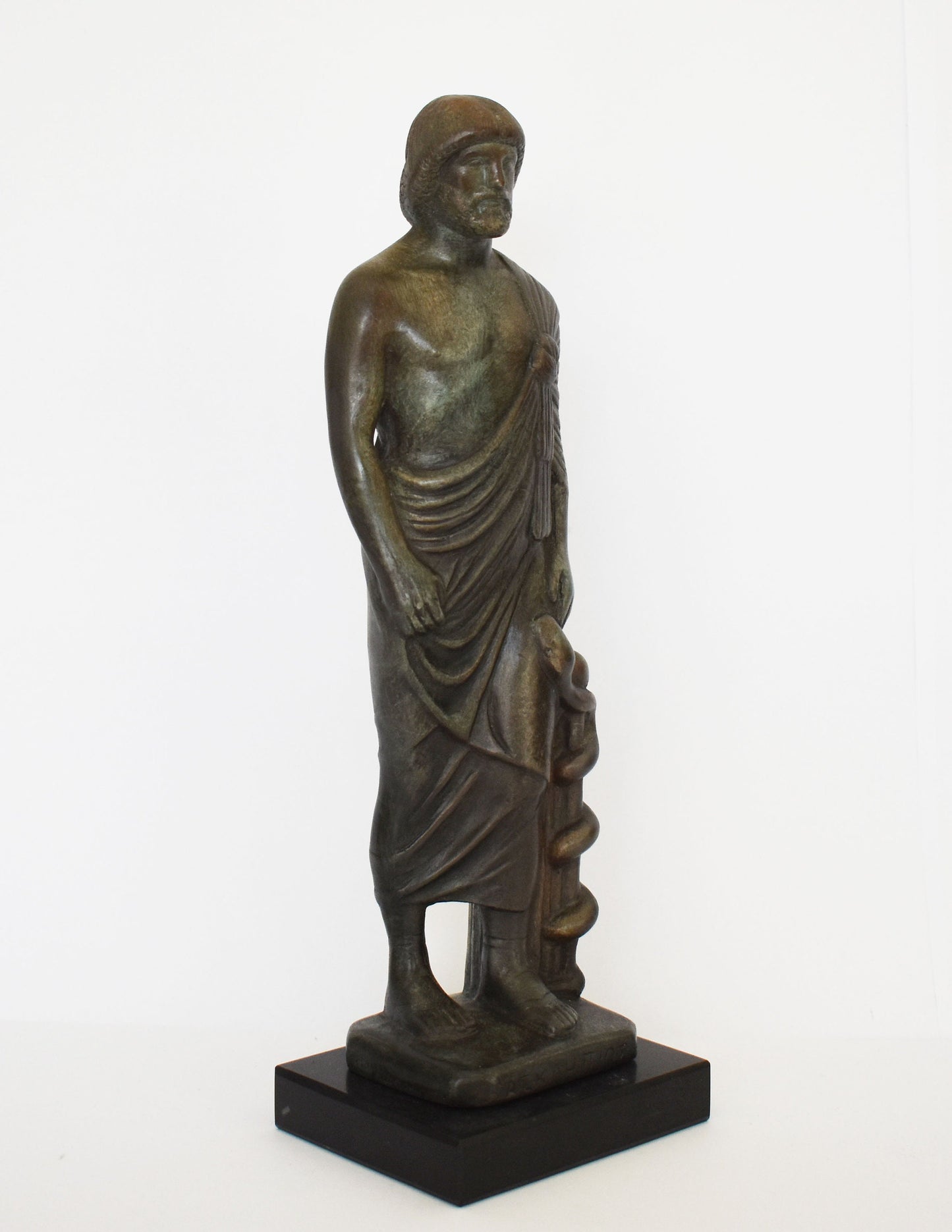 Asclepius - Greco-Roman God of Medicine, Son of Apollo - Marble Base - Museum Reproduction - Bronze Colour Effect