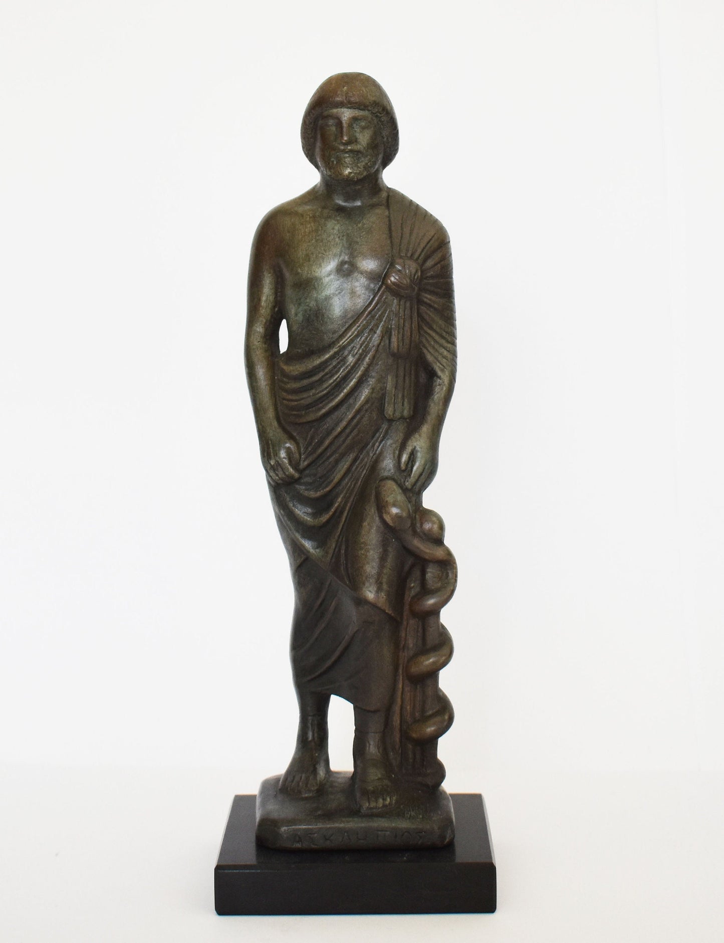 Asclepius - Greco-Roman God of Medicine, Son of Apollo - Marble Base - Museum Reproduction - Bronze Colour Effect