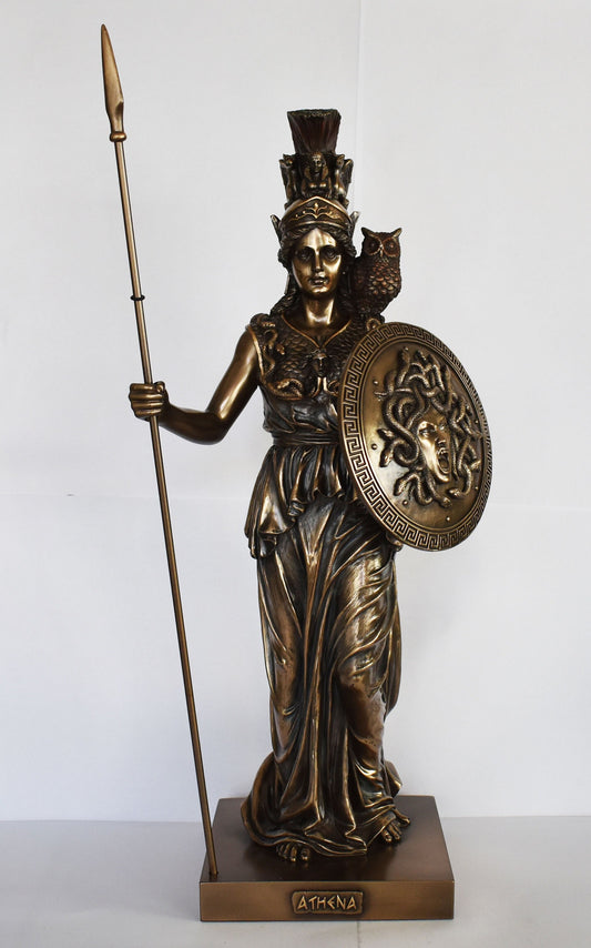 Athena Minerva - Greek Roman goddes of Wisdom, Strength, Strategy, Courage, Inspiration, Arts - Medusa Shield - Cold Cast Bronze Resin