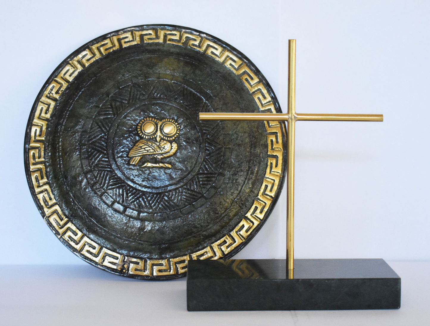 Ancient Greek Athenian Shield - Owl of Wisdom - Marble Base - Museum Replica - Pure Bronze Sculpture