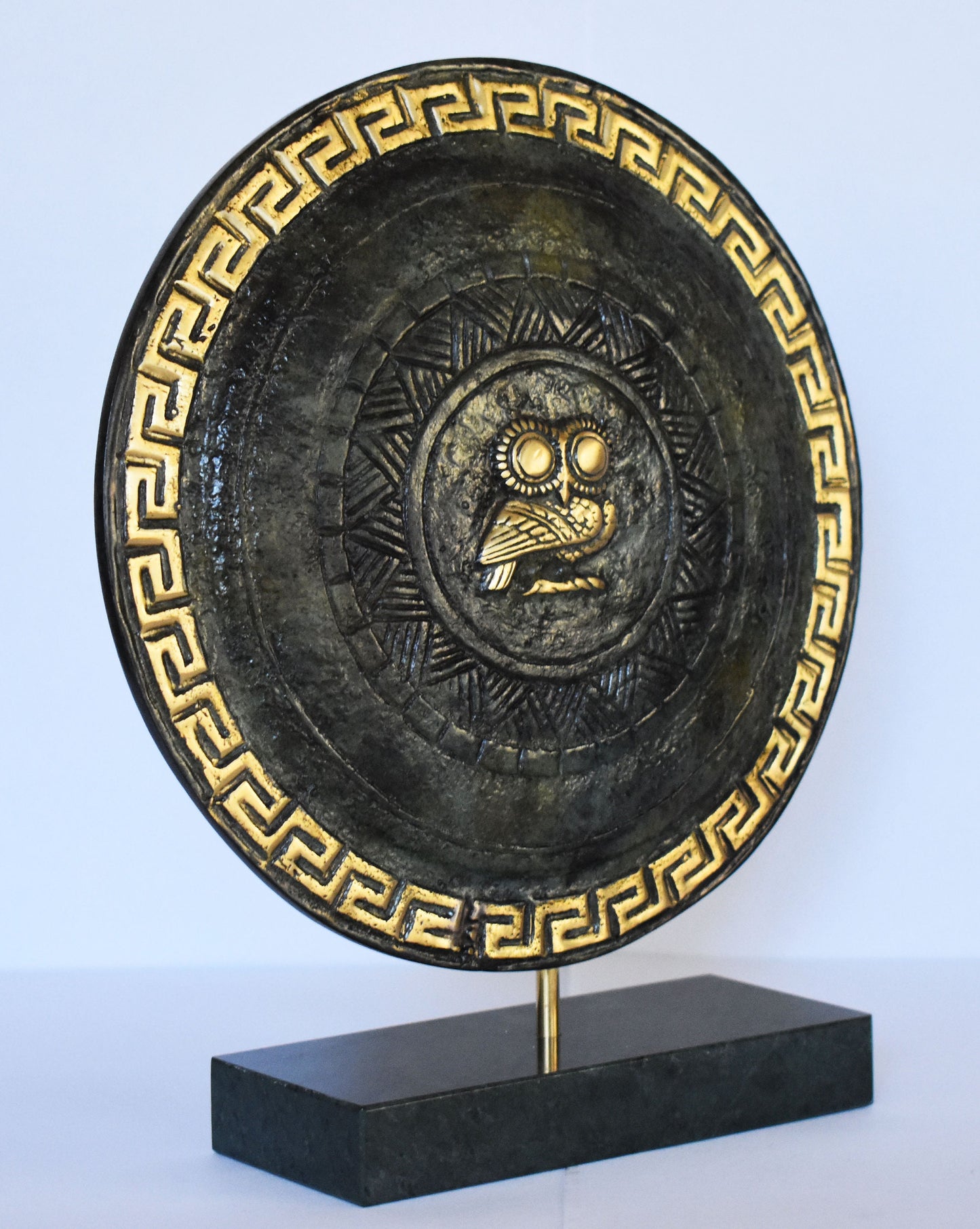 Ancient Greek Athenian Shield - Owl of Wisdom - Marble Base - Museum Replica - Pure Bronze Sculpture