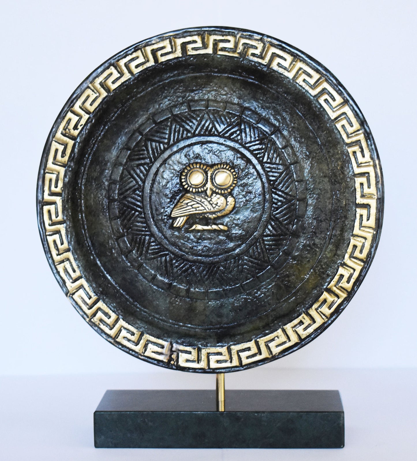 Ancient Greek Athenian Shield - Owl of Wisdom - Marble Base - Museum Replica - Pure Bronze Sculpture