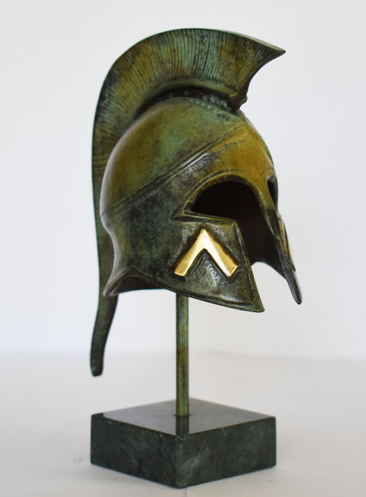 Ancient Greek Spartan Helmet - Warrior - Λ Symbol - Marble Base  - Museum Reproduction - Pure Bronze  Statue