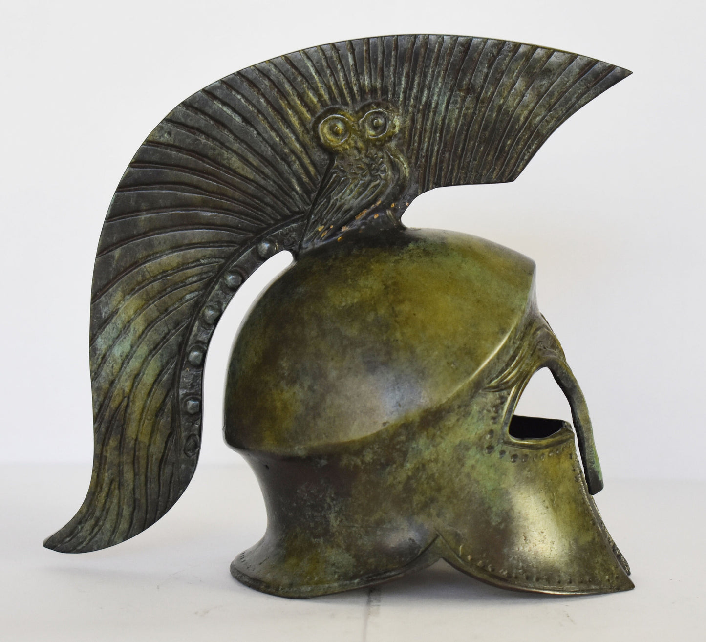 Ancient Greek Spartan Corinthian Helmet - Owl on the top - Pure Bronze Statue