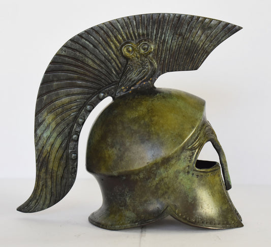 Ancient Greek Spartan Corinthian Helmet - Owl on the top - Pure Bronze Statue