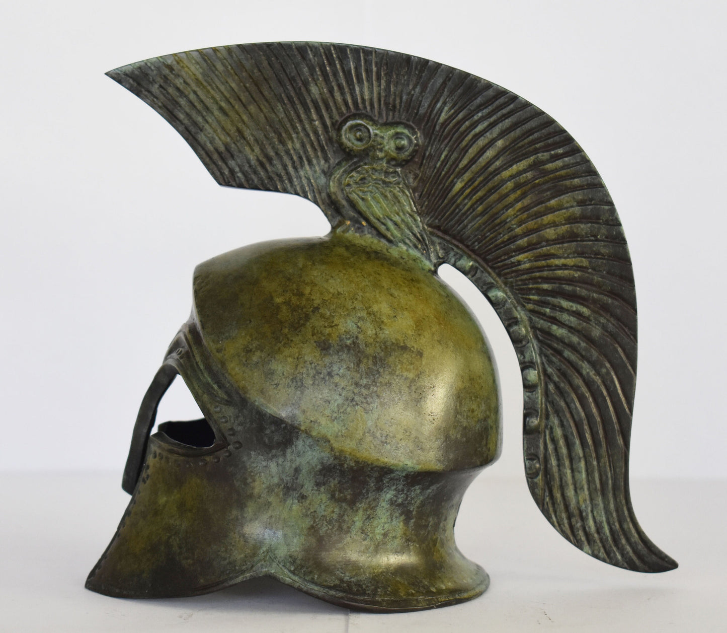 Ancient Greek Spartan Corinthian Helmet - Owl on the top - Pure Bronze Statue