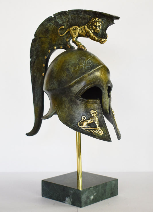 Ancient Greek Spartan Corinthian Helmet - Military - Classic Period - Marble Base  - Museum Reproduction - Pure Bronze Statue