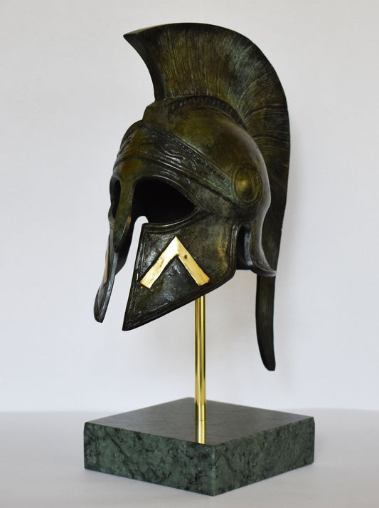 Ancient Greek Spartan Helmet - Λ Symbol - with Marble Base  - Museum Reproduction - Pure Bronze  Statue