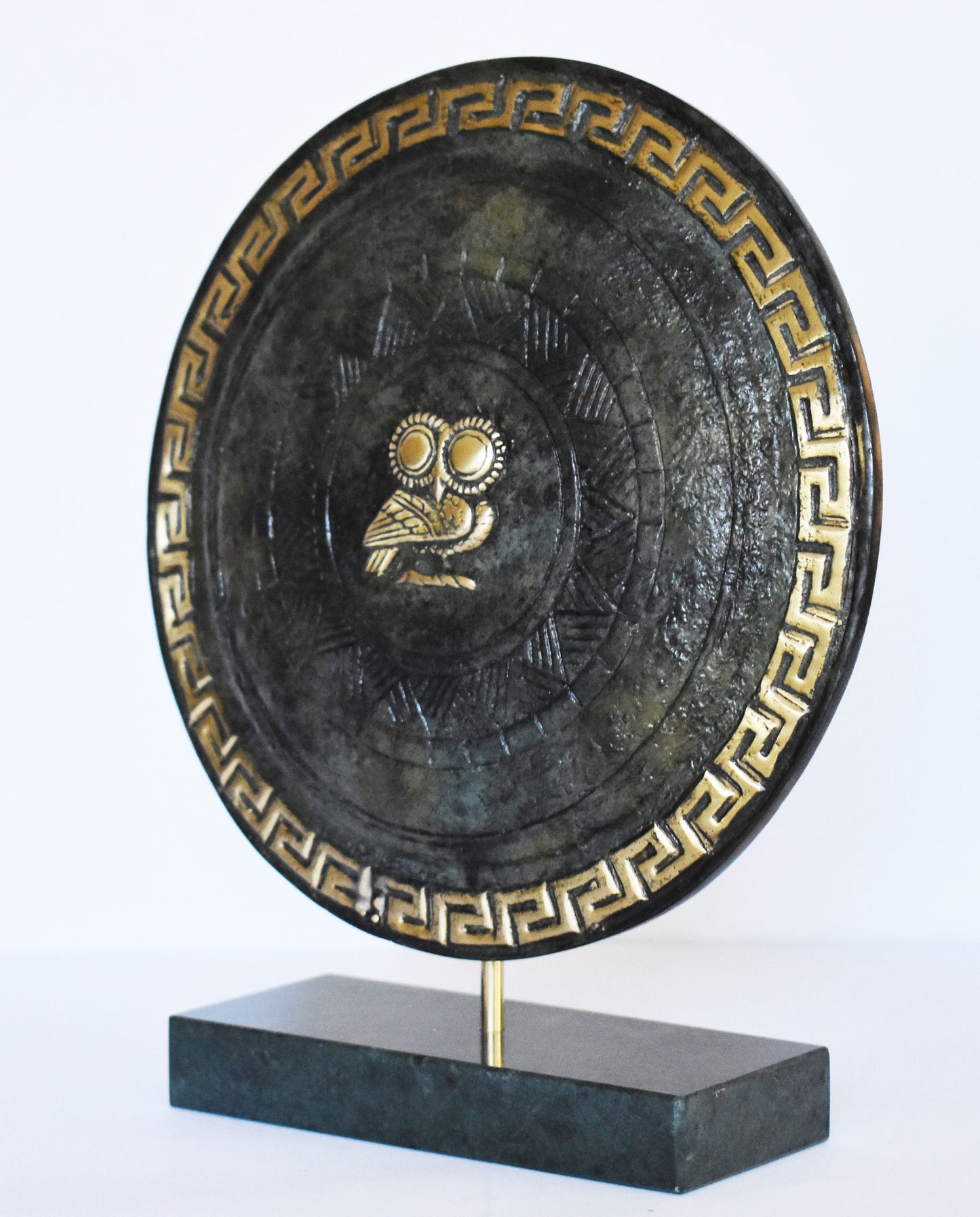 Ancient Greek Athenian Shield - Owl of Wisdom - Marble Base - Museum Replica - Pure Bronze Sculpture