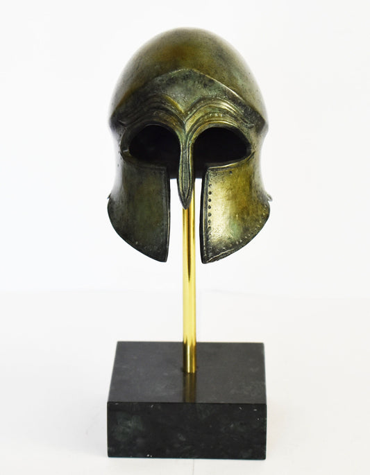 Ancient Greek Spartan Corinthian Helmet - History - Classic Period - Marble Base  - Museum Reproduction - Pure Bronze Statue