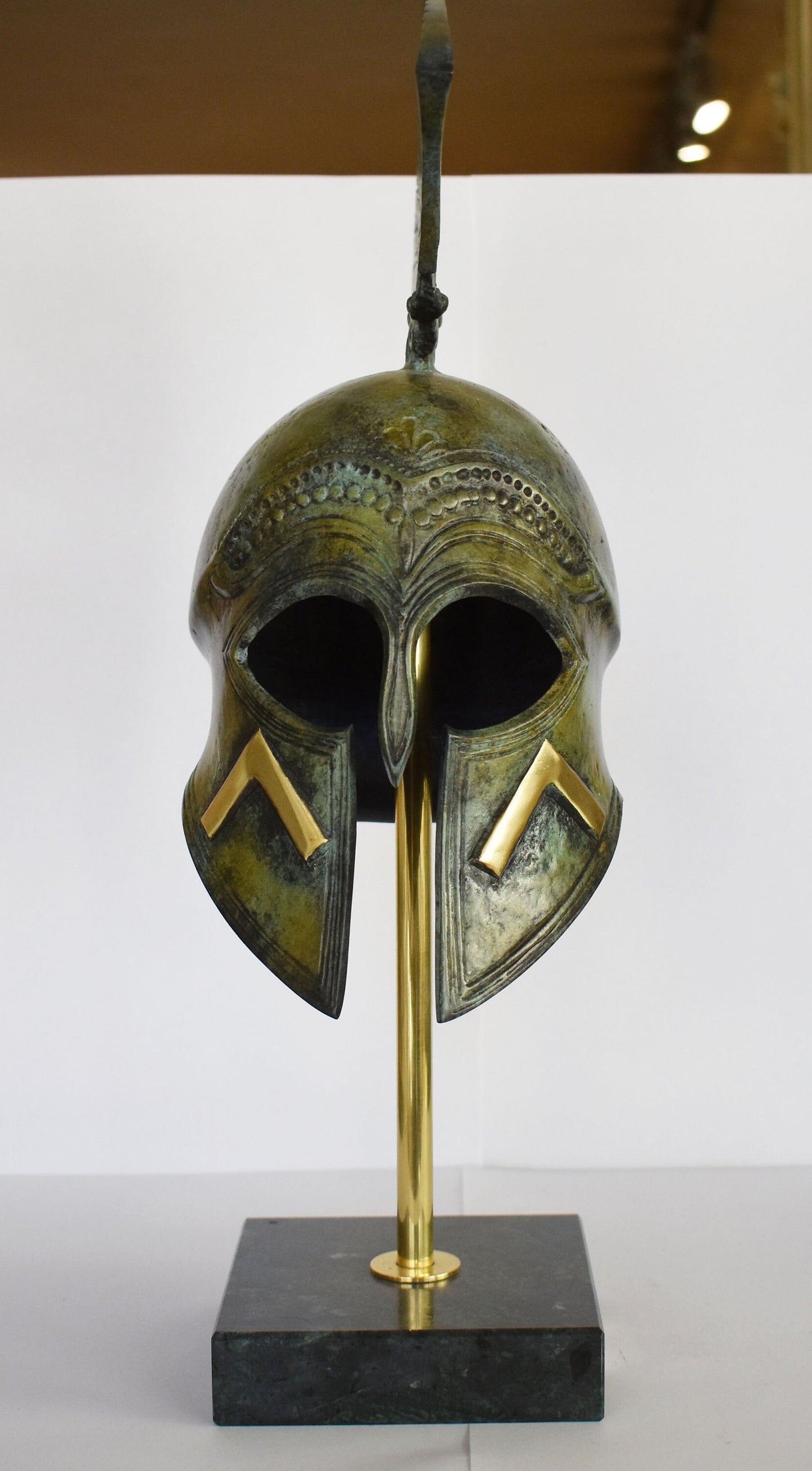 Ancient Greek Spartan Helmet - Λ Symbol - Battle, Fight, War - Marble Base  - Museum Reproduction - Pure Bronze  Statue