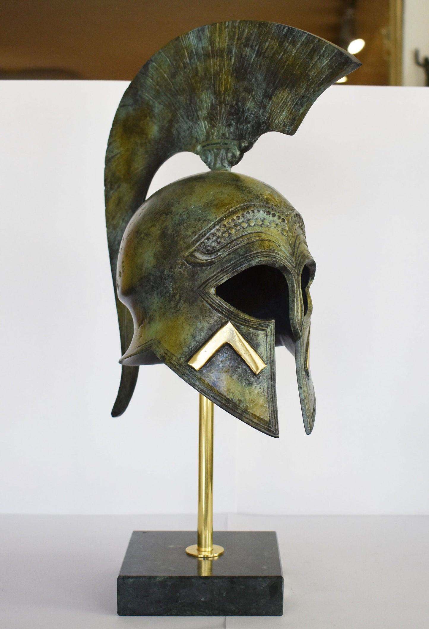 Ancient Greek Spartan Helmet - Λ Symbol - Battle, Fight, War - Marble Base  - Museum Reproduction - Pure Bronze  Statue